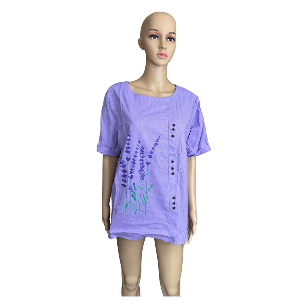 Woman's Lavender Floral Print Blouse Tunic Top. Short Sleeve. 3XL